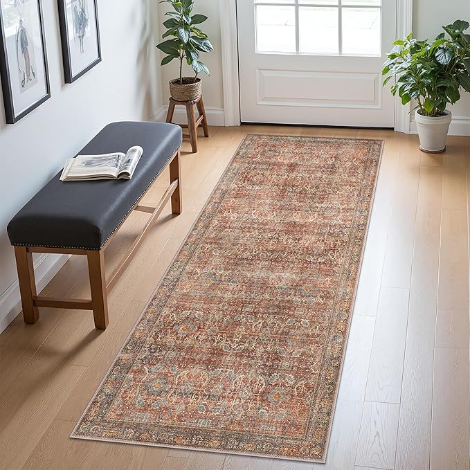 2x10 Runners Machine Washable Boho Rug for Hallway,Ultra-Thin Low Pile,Lightweight Carpet,Non Slip Floral Runners for Enrtyway, Corridor, Home Office, Kitchen,Terracotta/Indigo