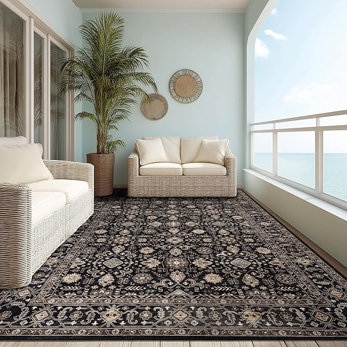Area Rug Non Slip Machine Washable Ultra Soft Living Room/Bedroom/Kitchen/Outdoor/Classroom Black Gold, 9'×12'