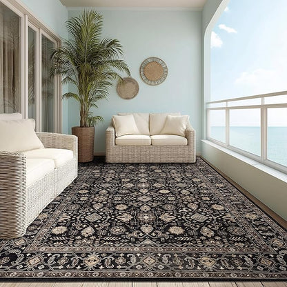 Area Rug Non Slip Machine Washable Ultra Soft Living Room/Bedroom/Kitchen/Outdoor/Classroom Black Gold, 8'×10'