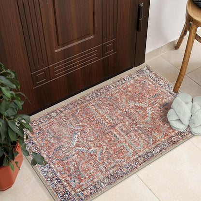GLN Rugs Traditional Collection - Machine Washable Area Rug, Traditional Washable, Non Slip, Low Pile Chenille Rug, Living Room, Bedroom, Kitchen Rug (2' x 3' Terra/Multicolor 1168)