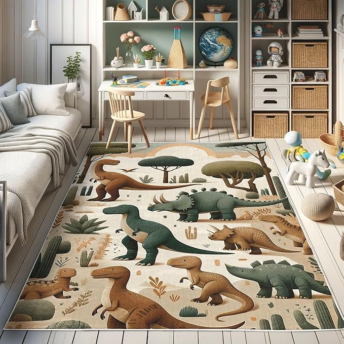 Ambesonne Dinosaur Decorative Rug, Jurassic Scenario Cartoon Animals in Wilderness Cloudy Sunrise Back, Quality Carpet for Bedroom Dorm and Living Room, 2' 2" x 3' 7", Ginger Olive Green Salmon