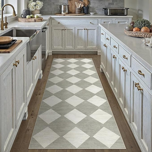 3x8 Runner Checkered Rug for Hallways Grey Washable Long Carpet Non-Slip Low Pile Boho Indoor Accent Throw Rug for Entrance Kitchen Bedroom Dining Laundry