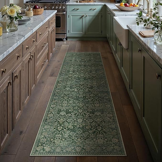HUGEAR 2x8 Runner Rug Machine Washable Dark Green Hallway Area Rug Indoor Floral Low Pile Carpet Soft Throw Rugs Bedroom Living Room Office Dining Kitchen Laundry Non Slip