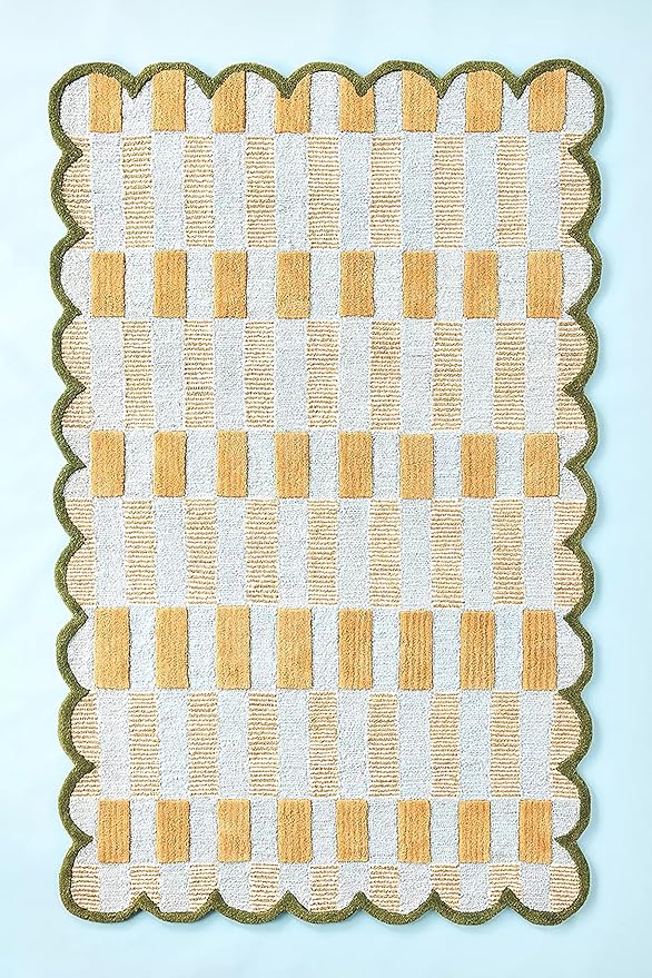 Hand-Tufted Wool Rug with Scalloped Edges, Light Blue Plaid Pattern, Cozy Soft Area Rug for Living Room, Bedroom, and Nursery, Handmade Modern Accent Rug, 7x7 Ft (Round)