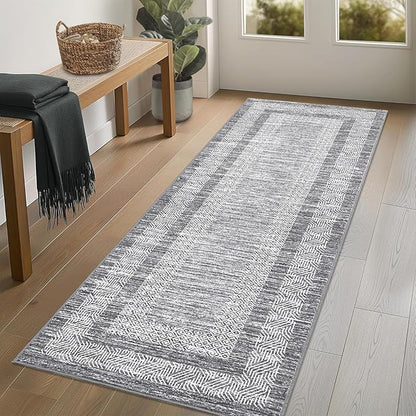 GarveeHome 2x6 Modern Bordered Runner Rug Soft Non Slip Washable Floor Carpet Distressed Geometric Hallway Indoor Printed Rug for Kitchen Entrance, Gray