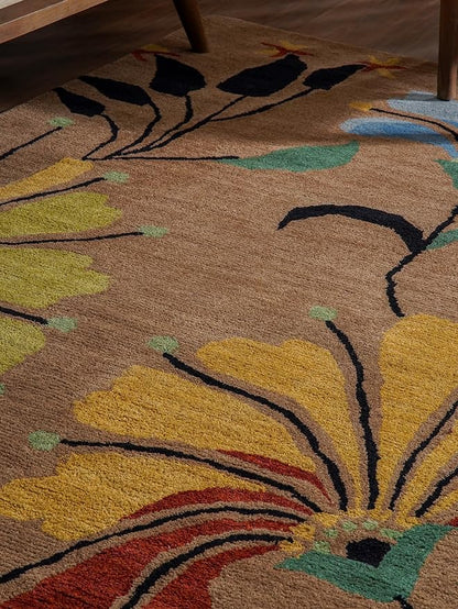 Rugsotic Carpets Hand Tufted Wool ECO-Friendly Area Rugs - 5'x8', Rectangle Shape, Camel, Floral Modern Design, High Pile Thick Handmade Anti Skid Area Rugs for Living Room, Bed Room (K00219)