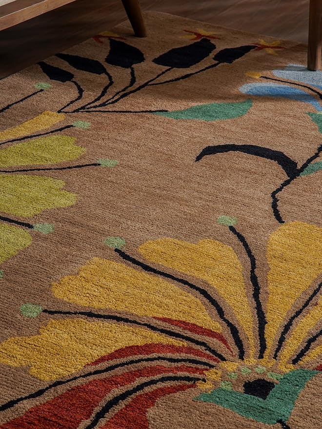 Hand Tufted Wool ECO-Friendly Area Rugs - 10'x13', Rectangle Shape, Camel, Floral Modern Design, High Pile Thick Handmade Anti Skid Area Rugs for Living Room, Bed Room (K00219)