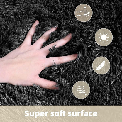 5x7 Solid Fluffy Black Area Rug – Washable, Durable,Large Living Room Rug, Non-Slip High Pile Shag Rugs for Bedroom, Bedside, Dorms, Nursery Rooms, Kids Room, Soft Indoor Floor Carpet Decor
