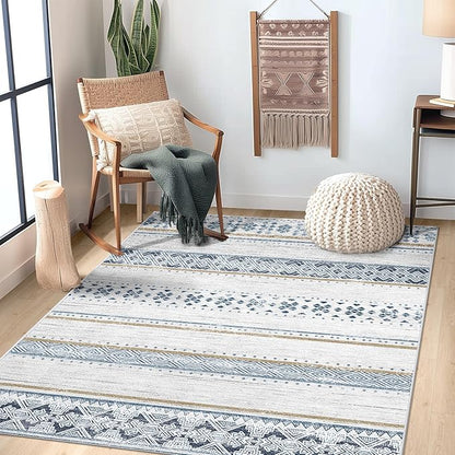 BESTSWEETIE 4x6 Area Rugs for Living Room Washable Moroccan Farmhouse Neutral Geometric Low Pile Non-Slip Soft Print Pattern Rug for Bedroom Kitchen Dining Room Entryway Blue/Brown