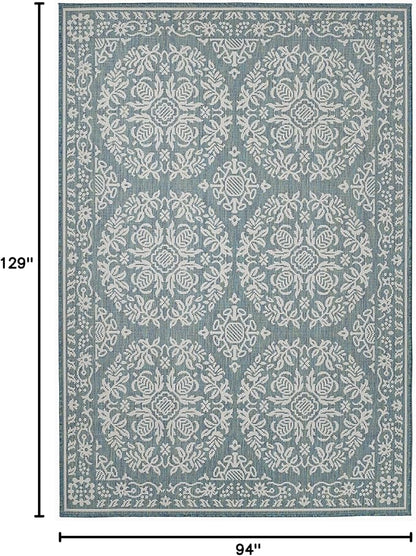 FH Home Flat Woven Outdoor Rug - Waterproof, Easy to Clean, Stain Resistant - Premium Polypropylene Yarn - Persian Farmhouse - Large Patio, Deck, Sunroom - Marbella - Ocean - 7ft 10 in x 10ft 9in