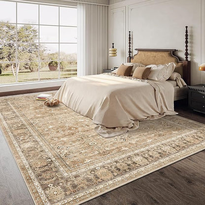 HelloTree Washable Rugs 9x12 Area Rug for Living Room, Vintage Boho Khaki Rug Non Slip Carpet Retro Accent Indoor Mat Print Distressed Low Pile Throw Large Rug for Office Dining Room Bedside-Khaki