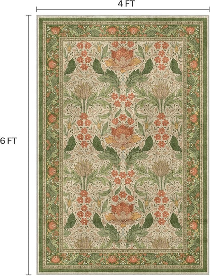 Bavni 4x6 Area Rugs, Floral Machine Washable Rugs for Living Room, Dinning Room, Bedroom, Non Slip Aesthetic Vintage Low Pile Durable Lightweight Farmhouse Rug, Sage Green & Burnt Orange