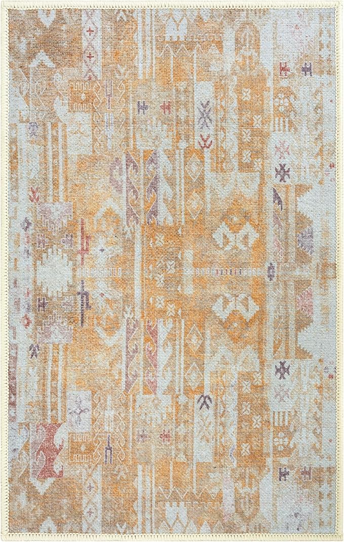 GLN Rugs Traditional Collection - Machine Washable Area Rug, Traditional Washable, Non Slip, Low Pile Chenille Rug, Living Room, Bedroom, Kitchen Rug (2' x 3' Sand/Light Gray)
