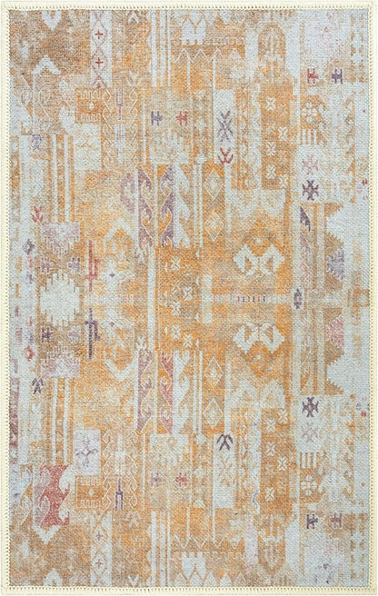 GLN Rugs Traditional Collection - Machine Washable Area Rug, Traditional Washable, Non Slip, Low Pile Chenille Rug, Living Room, Bedroom, Kitchen Rug (2' x 3' Sand/Light Gray)