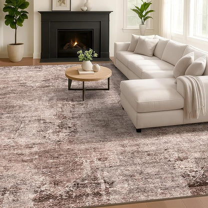 Brown Living Room Rug 8x10 - Retro Washable Rug for Dining Room, Fireplace, Bedroom, Non Slip Low Pile Abstract Warm Tan and Terracotta