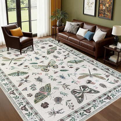 5x7 Area Rugs Living Room Rug: Vintage Washable Rug Floral Soft Carpet Indoor Floor Non-Slip Boho Stain Resistant Large Carpets for Bedroom Kids Nursery Dining Room Farmhouse Home Office Beige