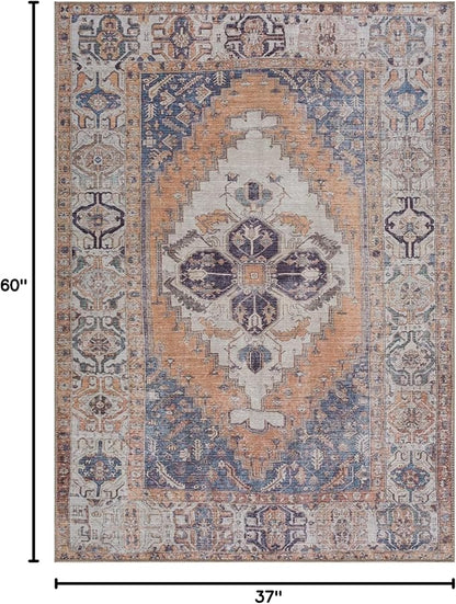 Bloom Rugs Washable 3' x 5' Rug - Orange/Blue/Beige Traditional Area Rug for Living Room, Bedroom, Dining Room, and Kitchen - Exact Size: 3' x 5'