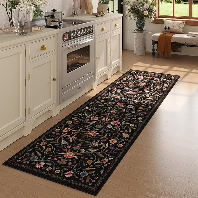 Vintage Medallion Floral Kitchen Runner 2x6, Machine Washable Rug, Soft Low Pile, Non-Slip Carpet for Hallways, Laundry, Bedroom, Bathroom, Entryway | Black