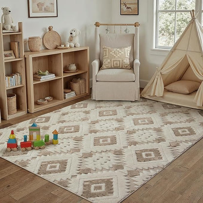 Ivory Brown 4x6 Area Rug Washable Moroccan Shag Office Carpet Non Slip Soft Neutral Boho Floor Mat Plush Pile Throw Rug for Entryway Kitchen Dining Room Bedroom Living Room