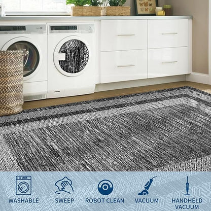 GarveeHome Extra Large Area Rug 10x13 Modern Geometric Rug with Non Slip Rubber Backing, Thin Washable Foldable Carpets, Soft Low Pile Non Shedding Printed Floor Mats for Hotel Office, Black
