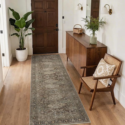 Bavni Vintage Runner Rug 2'6"x7', Distressed Oriental Hallway Carpet, Washable Low Pile Non-Slip Long Rug for Entryway, Kitchen, Bedroom, Living Room, Brown