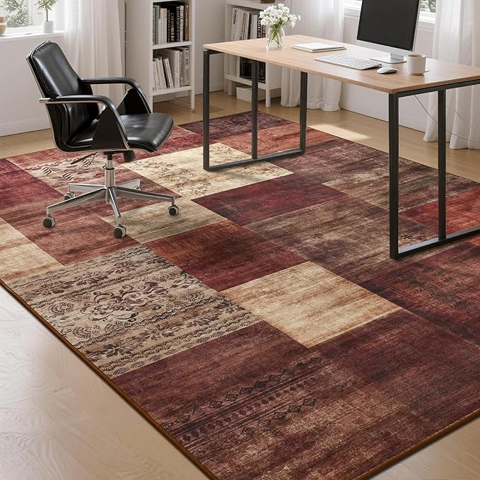 Tepook Modern Area Rug for Living Room, 4x6 Geometric Large Rugs for Bedroom, Washable Patchwork Rug Indoor Non-Slip Throw Carpets for Dining Room Office Farmhouse Home Decor, Red