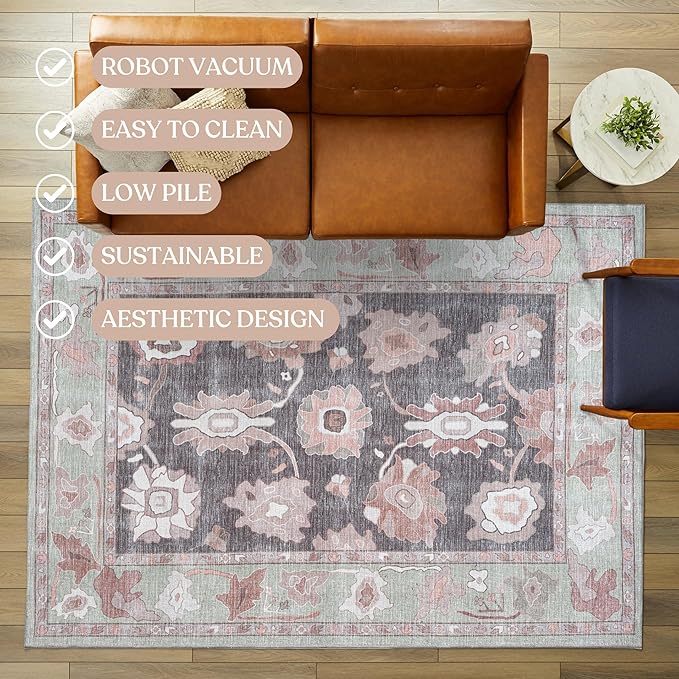 Fame Living Green Oushak Rug, Modern Small Rugs, Vintage, Turkish, Eclectic, Floral, Pastel, Washable, Door Mat, Doormat for Indoor Entrance, Entryway, Kitchen, Bathroom, Bedroom, Laundry, 2'x3'
