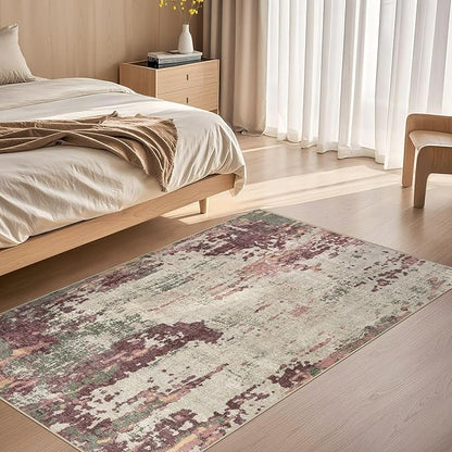 3x5 Area Rug Living Room Rugs - Washable Neutral Modern Abstract Soft Thin Rug Indoor Floor No Slip Rug Carpet for Bedroom Under Dining Table Home Office Decor - Purple/Green/Beige