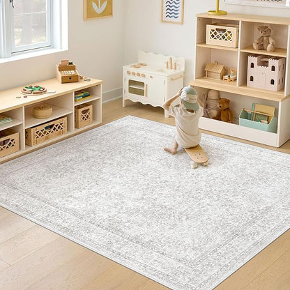 6x9 Area Rugs for Living Room: Washable Vintage Floral Rug Low Pile Non-Slip Boho Carpet for Nursery Bedroom Dining Room (Floral Grey, 6'x9')