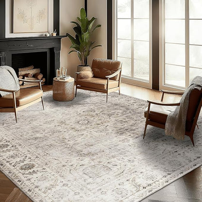 ReaLife Rugs Machine Washable Area Rug - Stain Resistant,Non-Shed - Eco-Friendly,Non-Slip, Family & Pet Friendly - Made from Premium Recycled Fiber - Vintage Bohemian Medallion - Beige Ivory, 4' x 6'