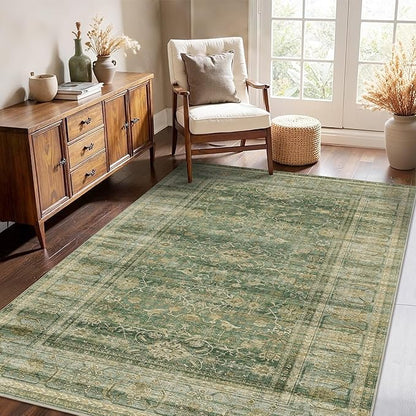 HelloTree Vintage Area Rug 4x6 Entryway Office Washable Carpet Non Slip Backing Printed Distressed Rugs for Bedroom Vintage Boho Tribal Area Rugs for Bathroom Bedroom Dining Living Room-Green