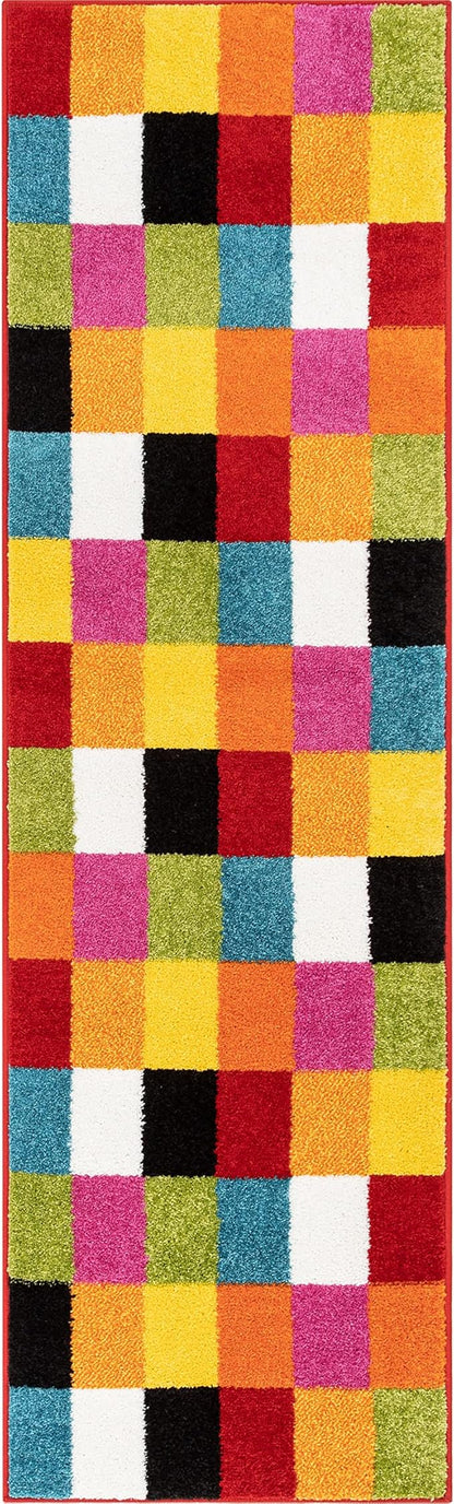 Well Woven Modern Rug Squares Multi Geometric Accent 2'3" x 7'3" Runner Entry Way Bright Kids Room Kitchen Bedroom Carpet Bathroom Soft Durable Area Rug