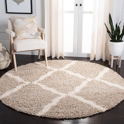 SAFAVIEH Dallas Shag Collection Area Rug - 10' Round, Beige & Ivory, Trellis Design, Non-Shedding & Easy Care, 1.5-inch Thick Ideal for High Traffic Areas in Living Room, Bedroom (SGD257D)