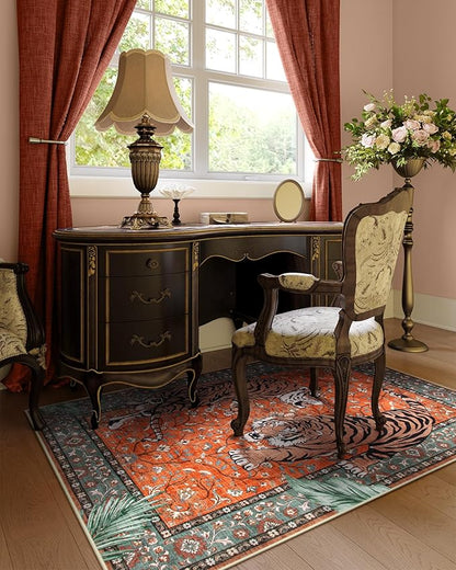 Moynesa Tiger 3x5 Washable Rug, Boho Area Rugs for Entryway, Non Slip Small Rug for Bedroom, Ultra Thin Botanical Vintage Soft Accent Carpet for Kitchen Entry Laundry Room, Rust