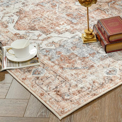 jinchan Area Rug 6x9 Washable Living Room Rug Vintage Indoor Large Floor Cover Distressed Lightweight Non-Slip Low Pile Thin Mat Accent Stain Resistant Carpet for Bedroom Dining Room Office Brick Red
