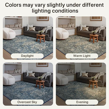 Bavni Washable Entry Rug 2x3, Non Slip Door Mat for Entryway or Kitchen, Vintage Print Low Pile Ultra Thin Indoor Rug, Blue