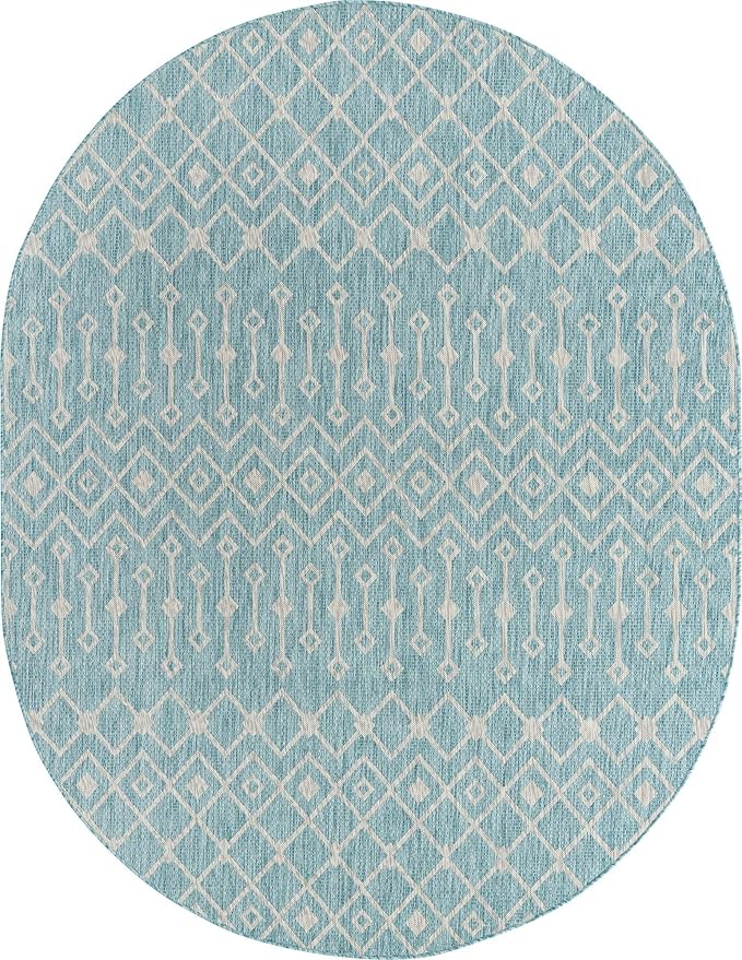 Unique Loom Outdoor Trellis Collection Area Rug - Tribal Trellis (7' 10" x 10' Oval, Aqua/ Ivory)