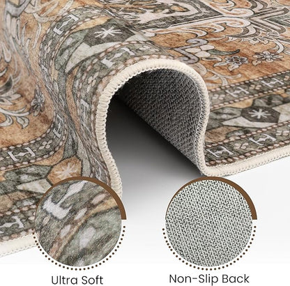 Washable Entryway Rug 3x5 | Non Slip Rug Runners for Hallways, Entryways, Kitchens, Bathrooms, Bedrooms | Ultra-Soft Flannel Carpet Kitchen Rug with Rubber Backing (Light Sage Brown, 3x5)