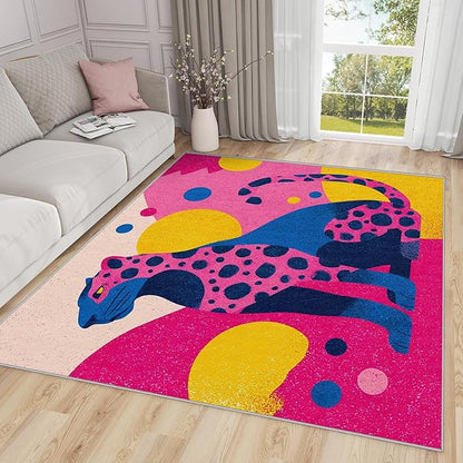 Leopard Large Rug - 7x9 Area Rug - Colorful Abstract Geometric Animal Pop Art Rugs for Living Room Non Slip Low Pile Machine Washable Dining Room Rugs, Leopard Carpet Home Decor & Gifts