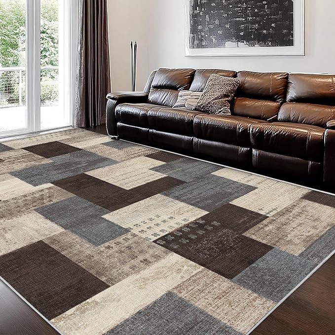 Modern Geometric Patchwork Indoor Area Rug for Living Room, Blue-Taupe 9'x 12' Large Rug Rockwood Collection Hardwood Floors Decor for Bedroom, Blue Throw Carpet for Office Entryway Dining Room