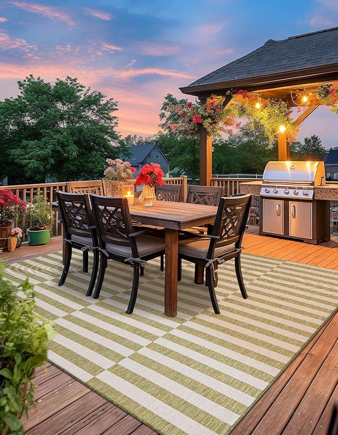 Unique Loom Outdoor Striped Collection Area Rug - Striped (12' Square Green/Ivory)