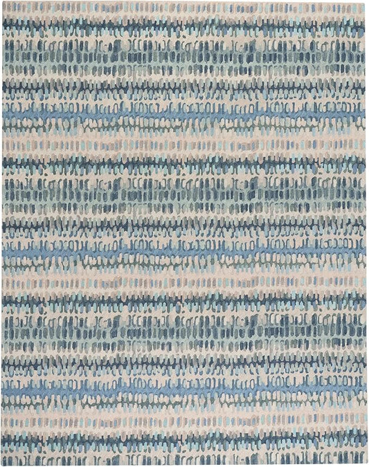 Dash & Albert Paint Chip Stone Hand Micro Hooked Wool Rug, 7.5 X 9.5 Feet, Blue/Green Geometric Pattern