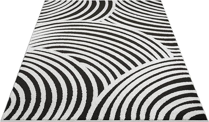 Abani Nomad Cream & Black Area Rug 6' x 9' for Living Room, Bedroom - Black Linear Curves Design - Durable & Easy to Clean