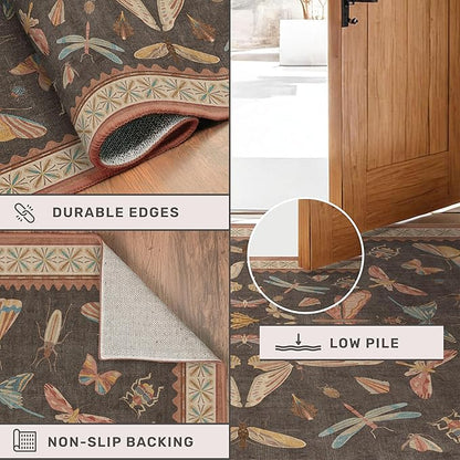 Dining Room Rugs for Under Table 6x9 - Washable Soft Rugs for Bedroom Aesthetic, Low Pile Stain Resistant Living Room Carpet, Vintage Insect Home Décor (Brown)