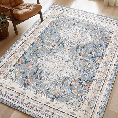 Phantoscope Washable Area Rug 6'x9' Non-Slip, Vintage Neutral Rugs for Living Room, Bedroom, Dining Room, Distressed Boho Geometric Medallion Pattern, Low-Pile Foldable Floor Carpet, Dusty Blue/Multi