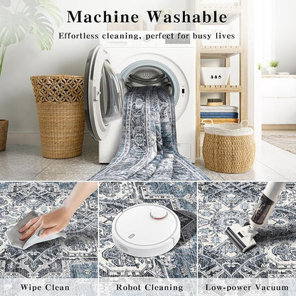 5x7 Area Rugs for Living Room Ultra-Soft Washable Rug Vintage Distressed Boho Area Rug, Non-Slip Retro Print Low Pile Stain Resistant Carpet for Bedroom Dining Room Kitchen Office