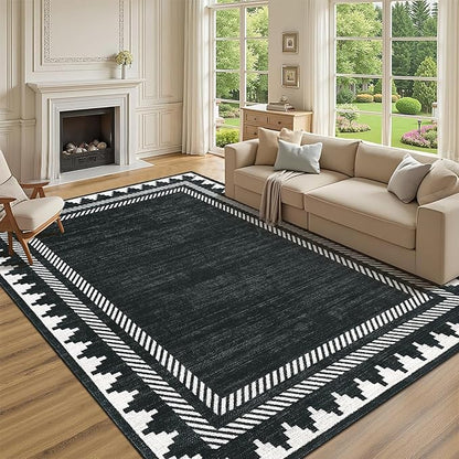 Modern Low Pile Non Slip 5x7 Machine Washable Living Room Area Rug Foldable Modern Geometric Soft Floor Carpet Geometric Bordered Stain Resistant Indoor Rug with Rubber Back, Black