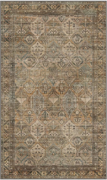 Bavni Washable Rug 3x5 Area Rug for Living Room Bedroom Dining, Washable Vintage Print Carpet, Ultra-Thin Chenille Low Pile Lightweight Rug with Non Slip Backing, Warm Taupe