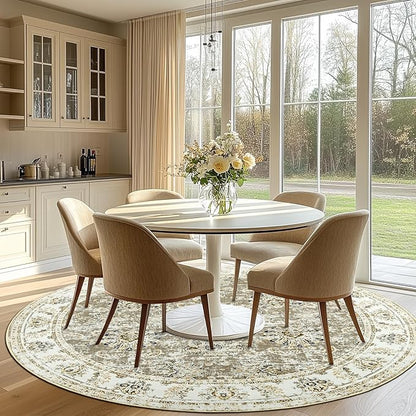 jinchan Fiora Round Rug 8ft Area Rugs - Vintage Floral Distressed Design Machine Washable Non-Slip Low-Pile Ultra-Thin Circle Rug for Living Room Dining Room Bedroom Farmhouse (8' Round, Taupe)