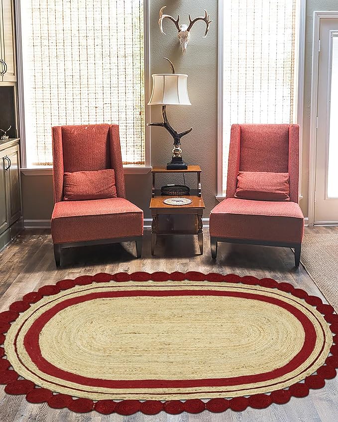 10x18 Oval Jute Rug – Flatweave Hand Braided Natural Jute Rug, Solid Red Beige, 0.27" Thick Oval Handmade Boho Carpet for Living Room, Dining Room, Bedroom